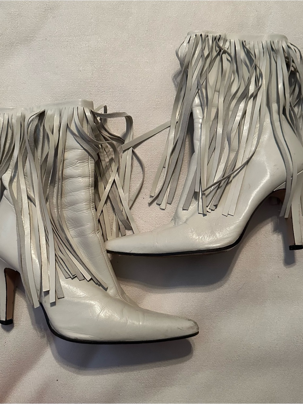 Vintage Fringe Leather Ankle Boots - White Women's Heeled Boots